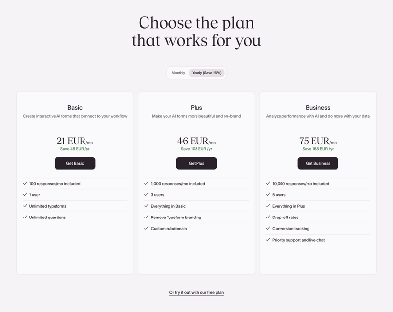 Typeform
				pricing section ui component