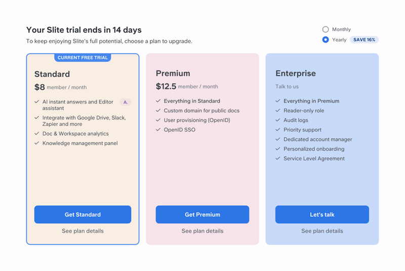 Slite
				pricing section ui component