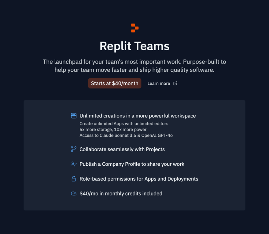Replit — Pricing section component