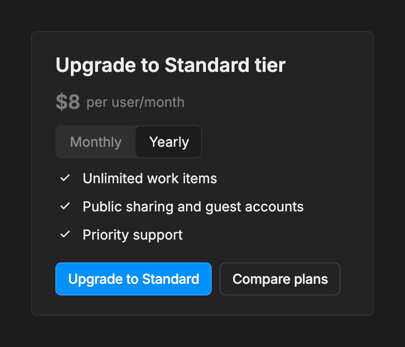 Kitemaker — Upgrade your plan component