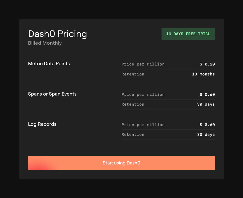 Dash0 — Pricing section component
