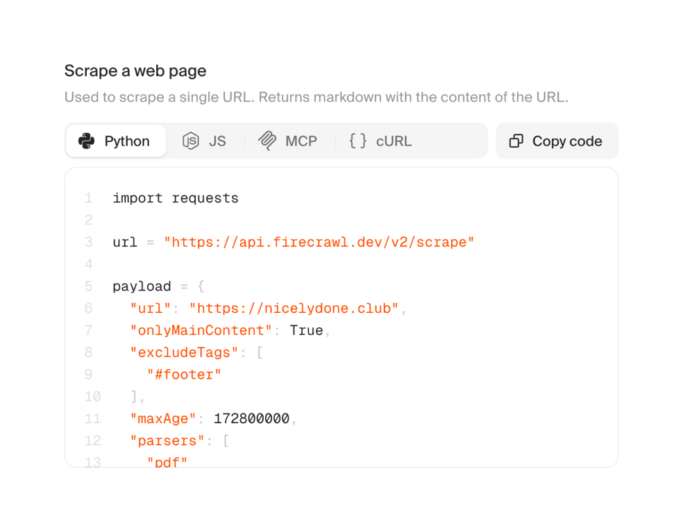 Firecrawl — Code block component