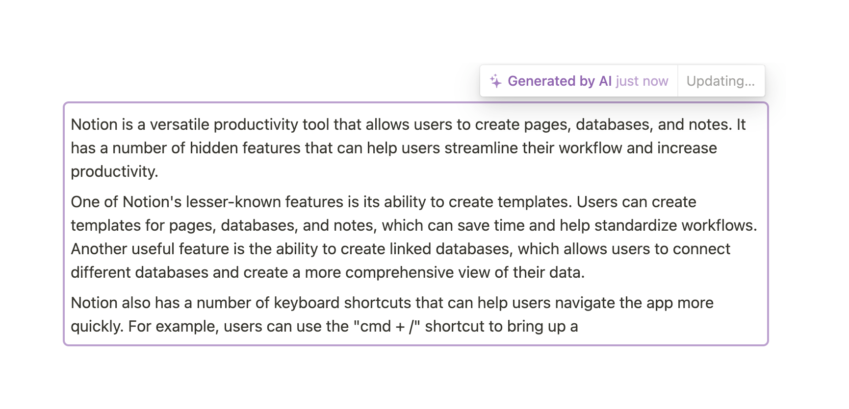Notion Artificial intelligenceUI component example