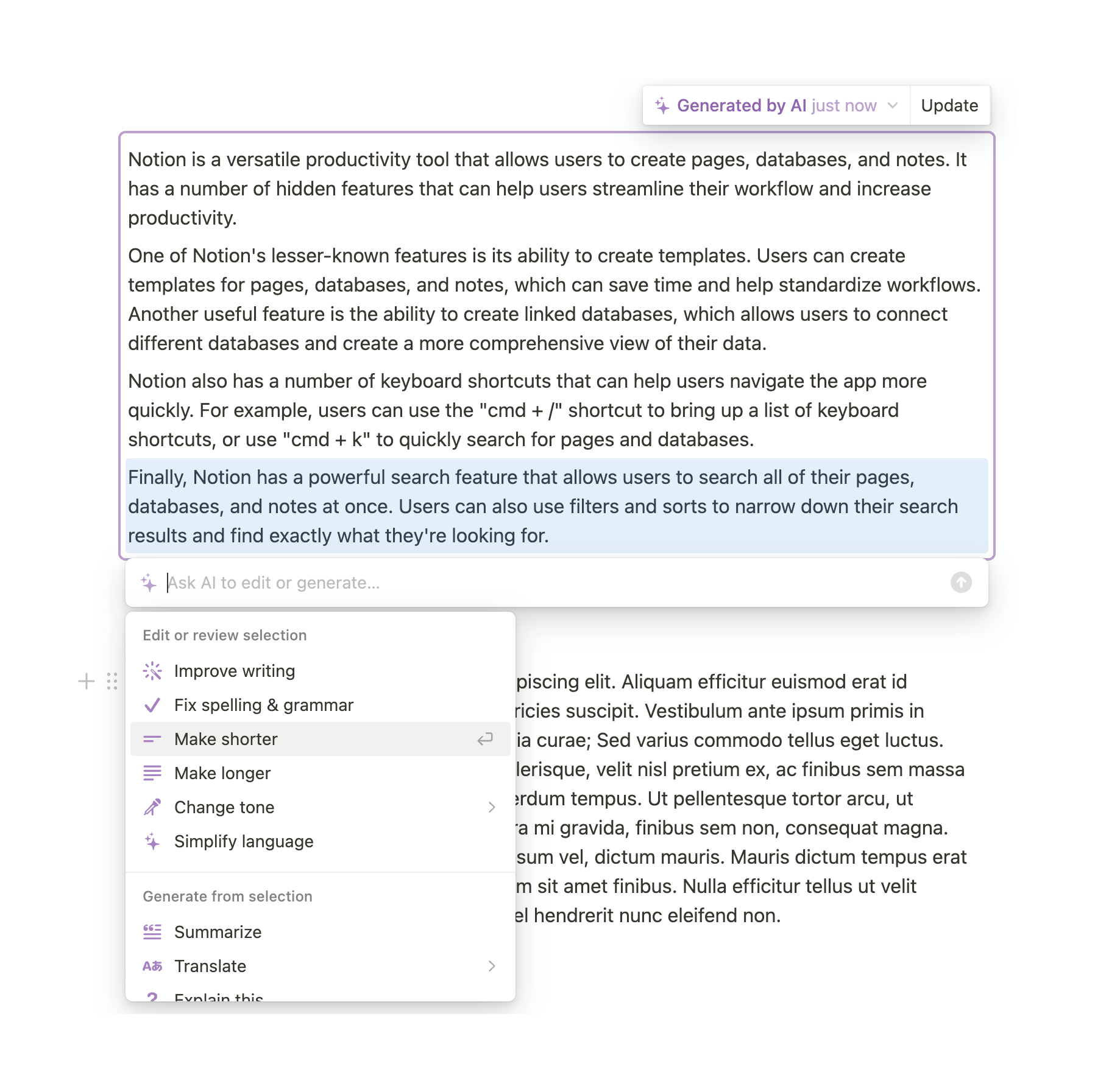 Notion Artificial intelligenceUI component example