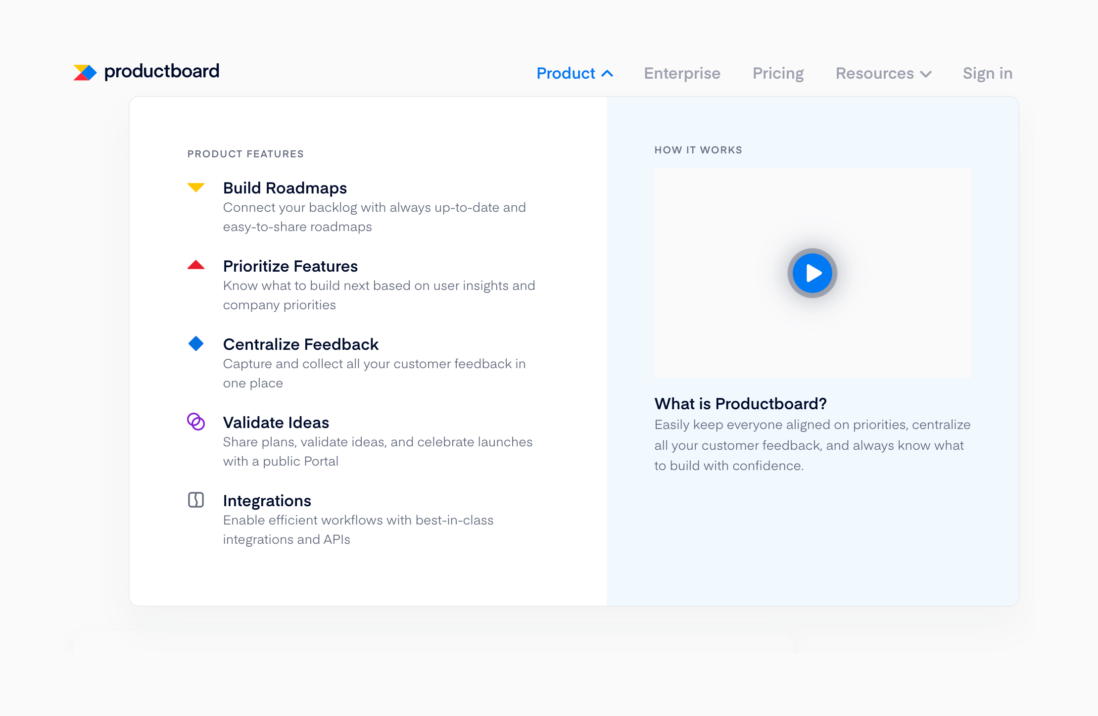 Productboard Flyout menuUI component example
