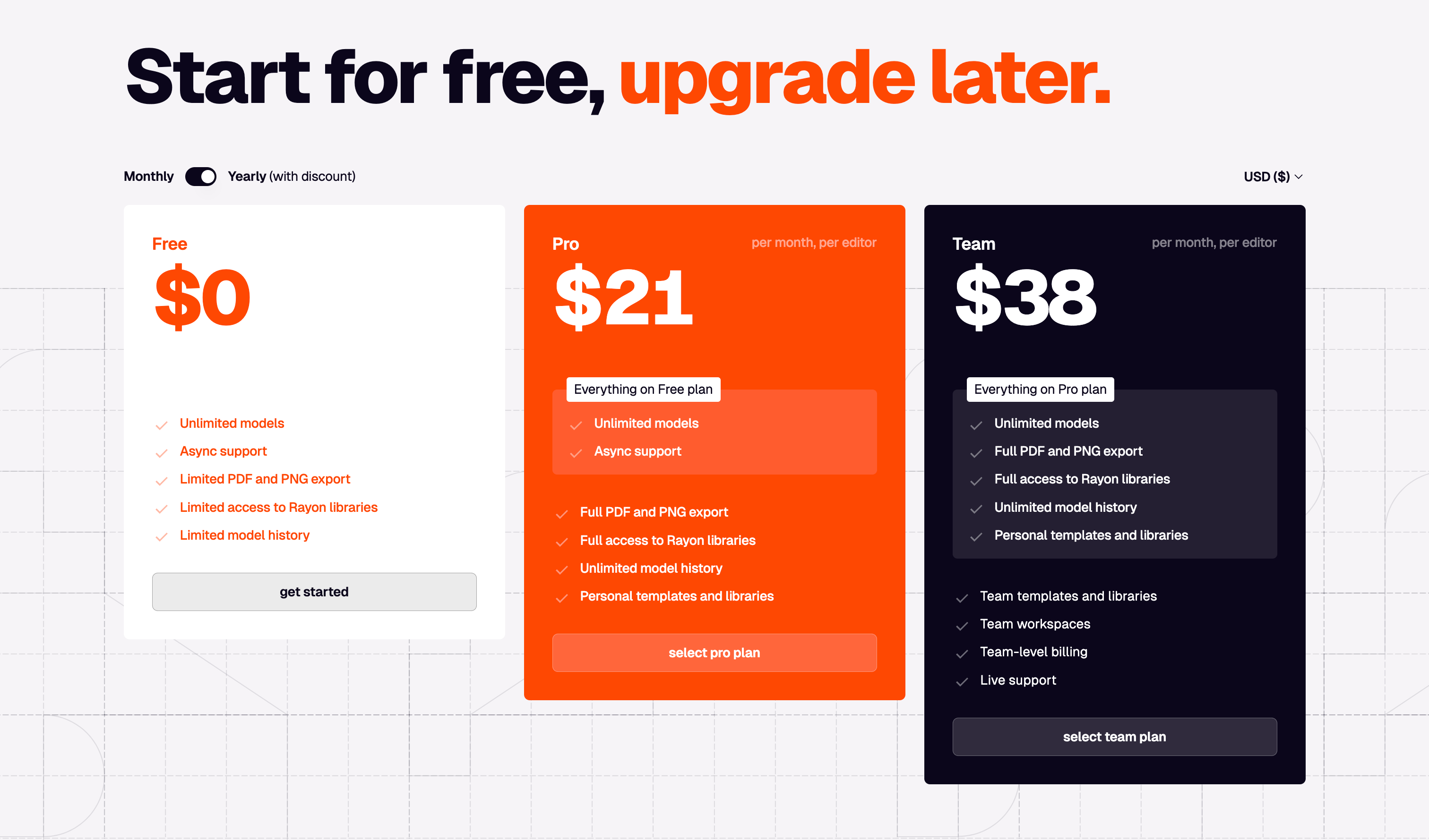 Rayon Pricing sectionUI component example