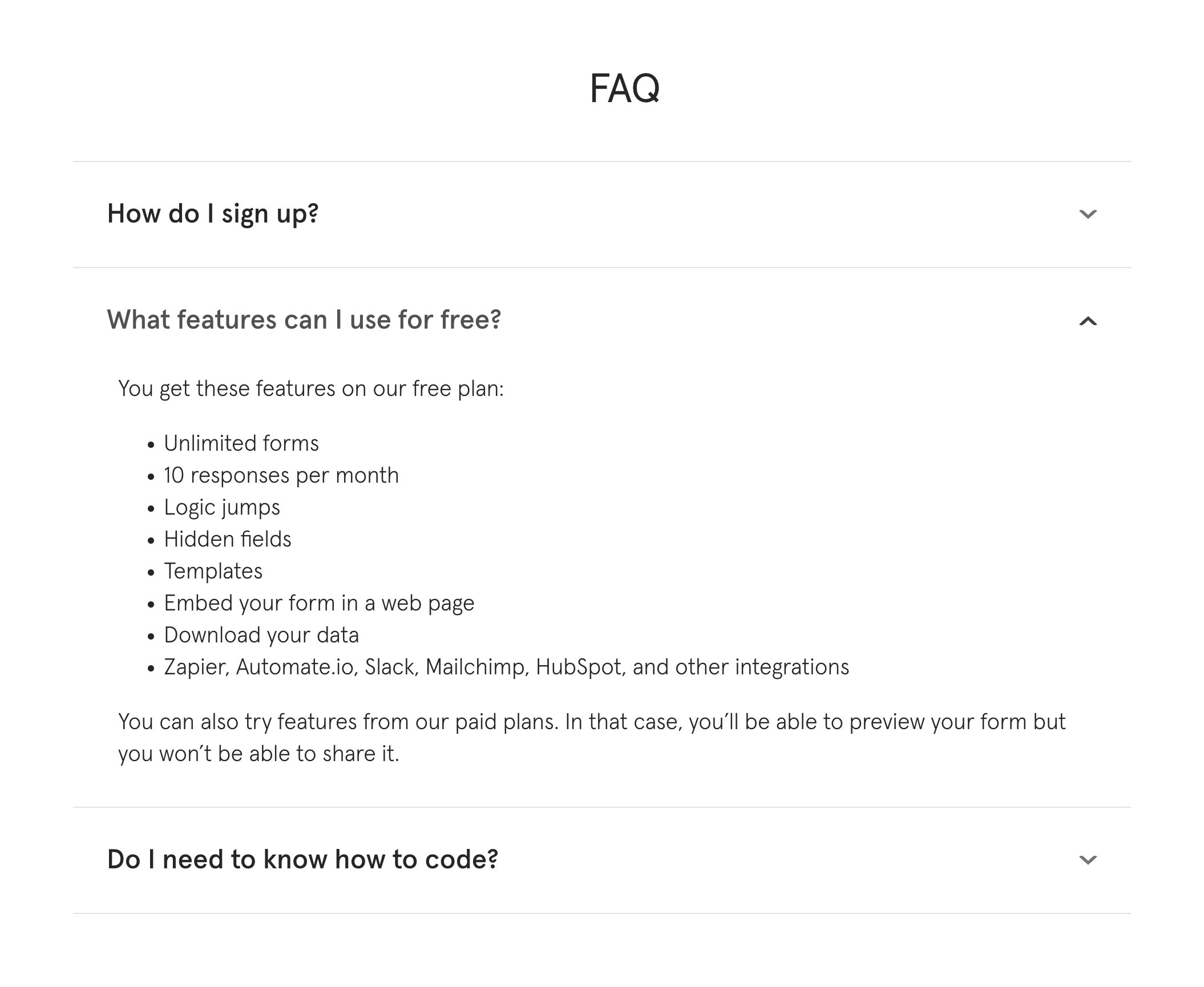 Typeform FAQUI component example