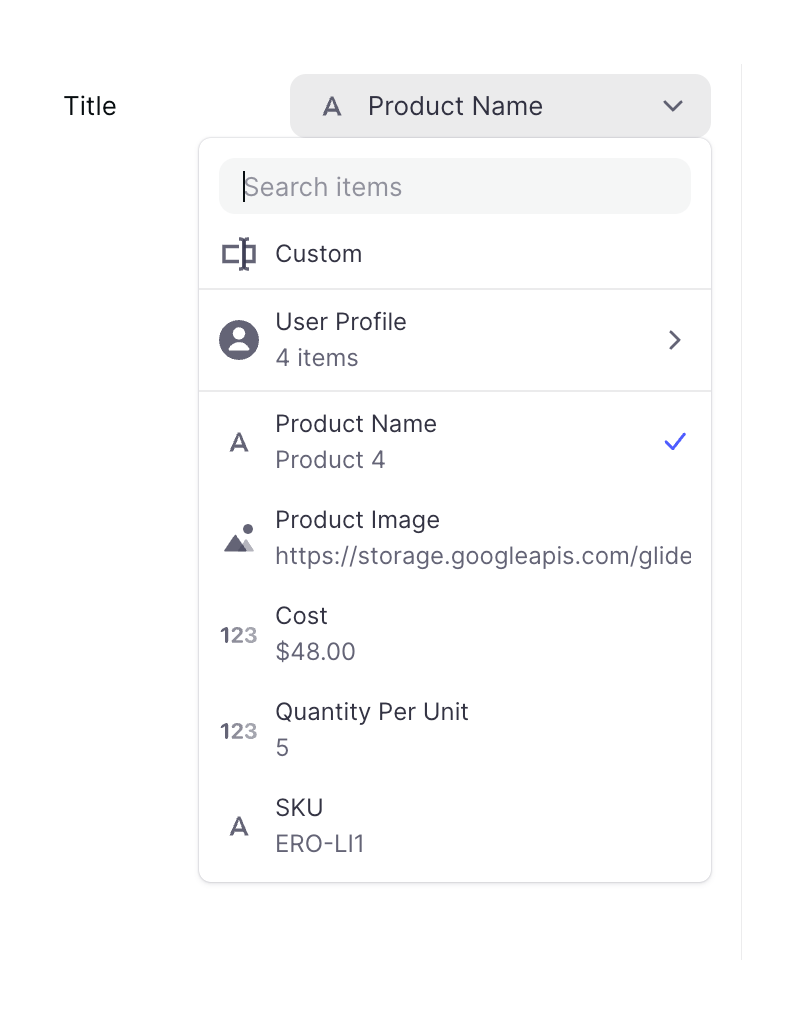 Glide Dropdown menuUI component example