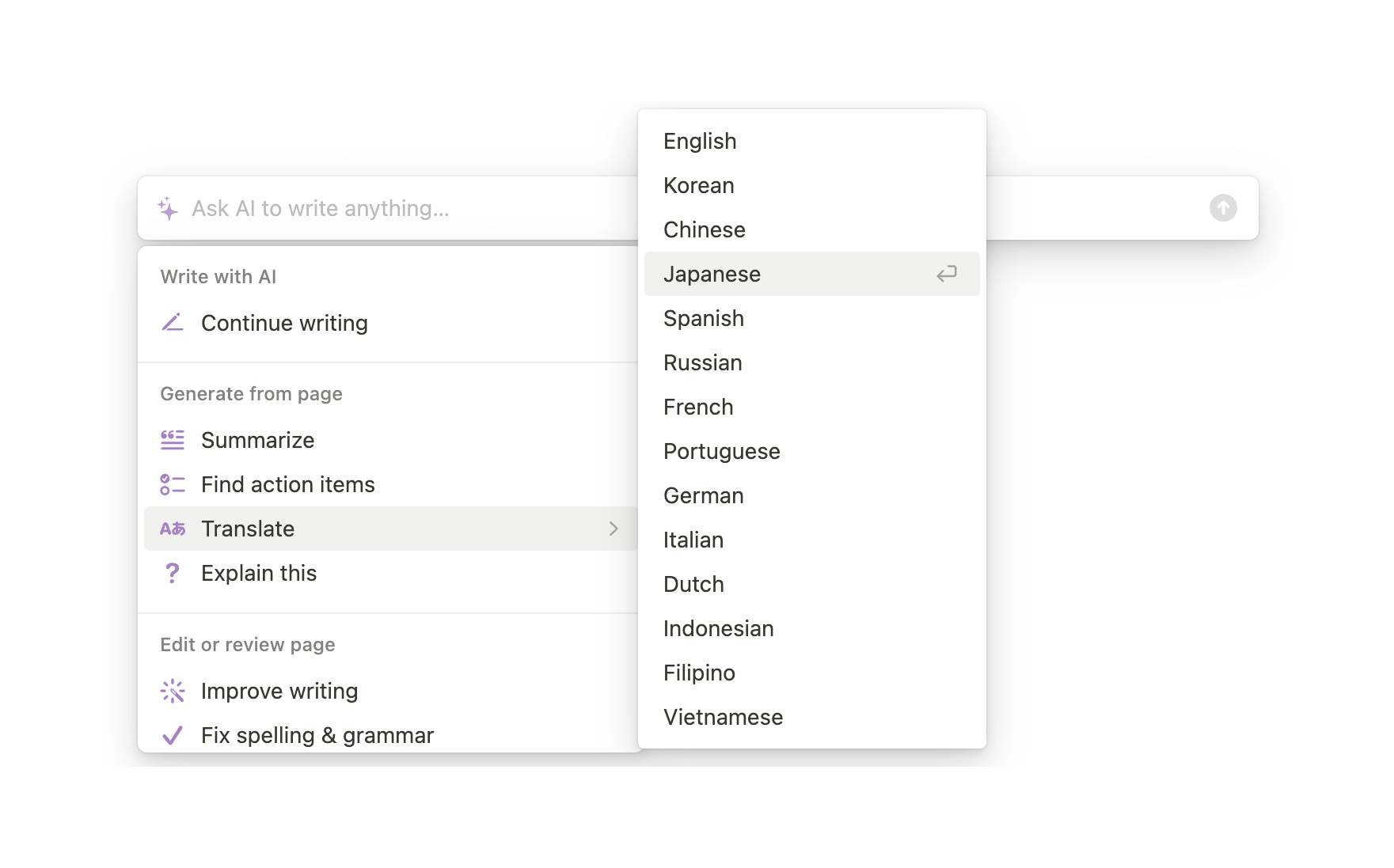 Notion Artificial intelligenceUI component example
