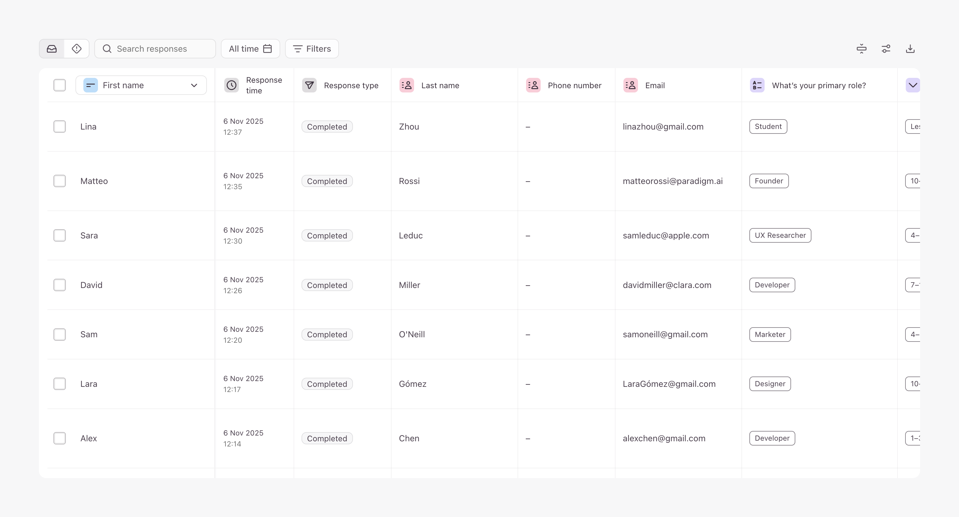 Typeform TableUI component example