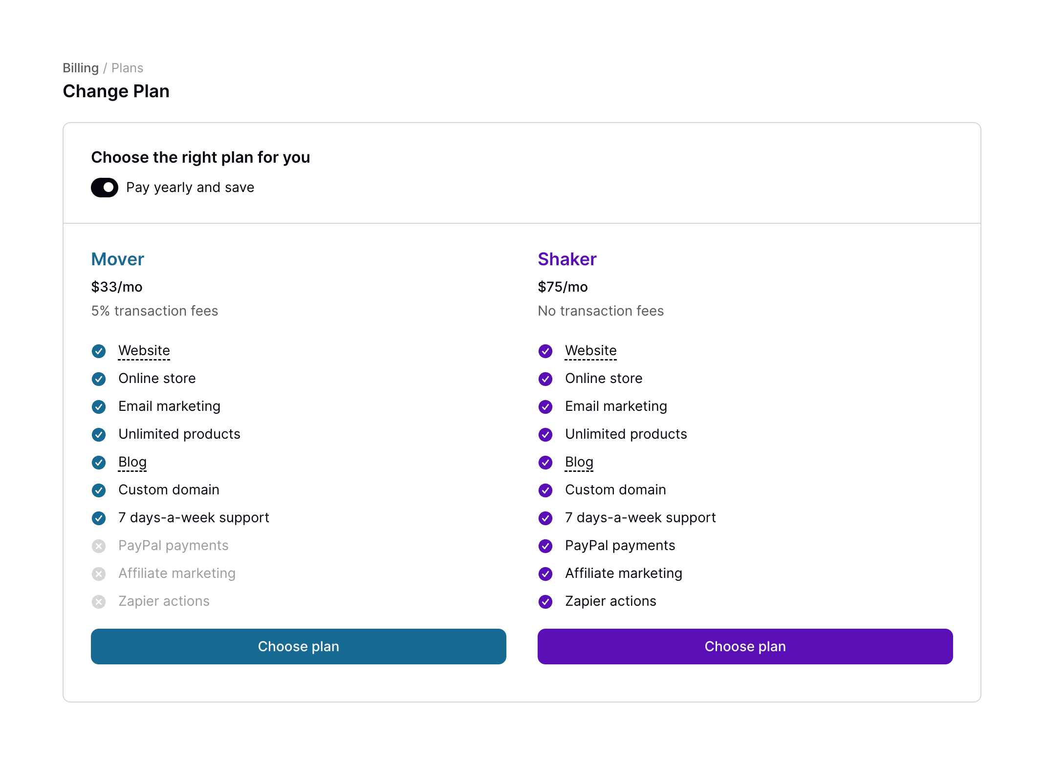 Podia Pricing sectionUI component example
