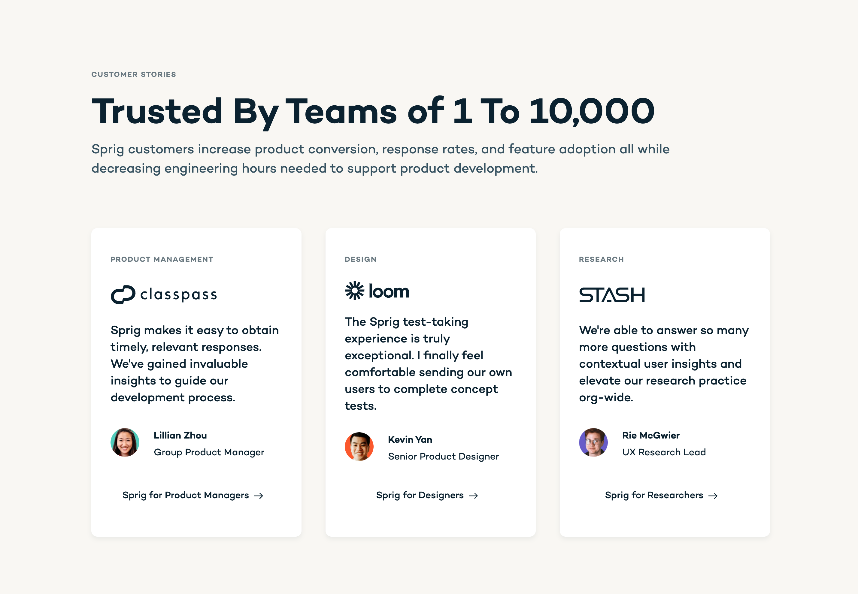 Sprig TestimonialUI component example