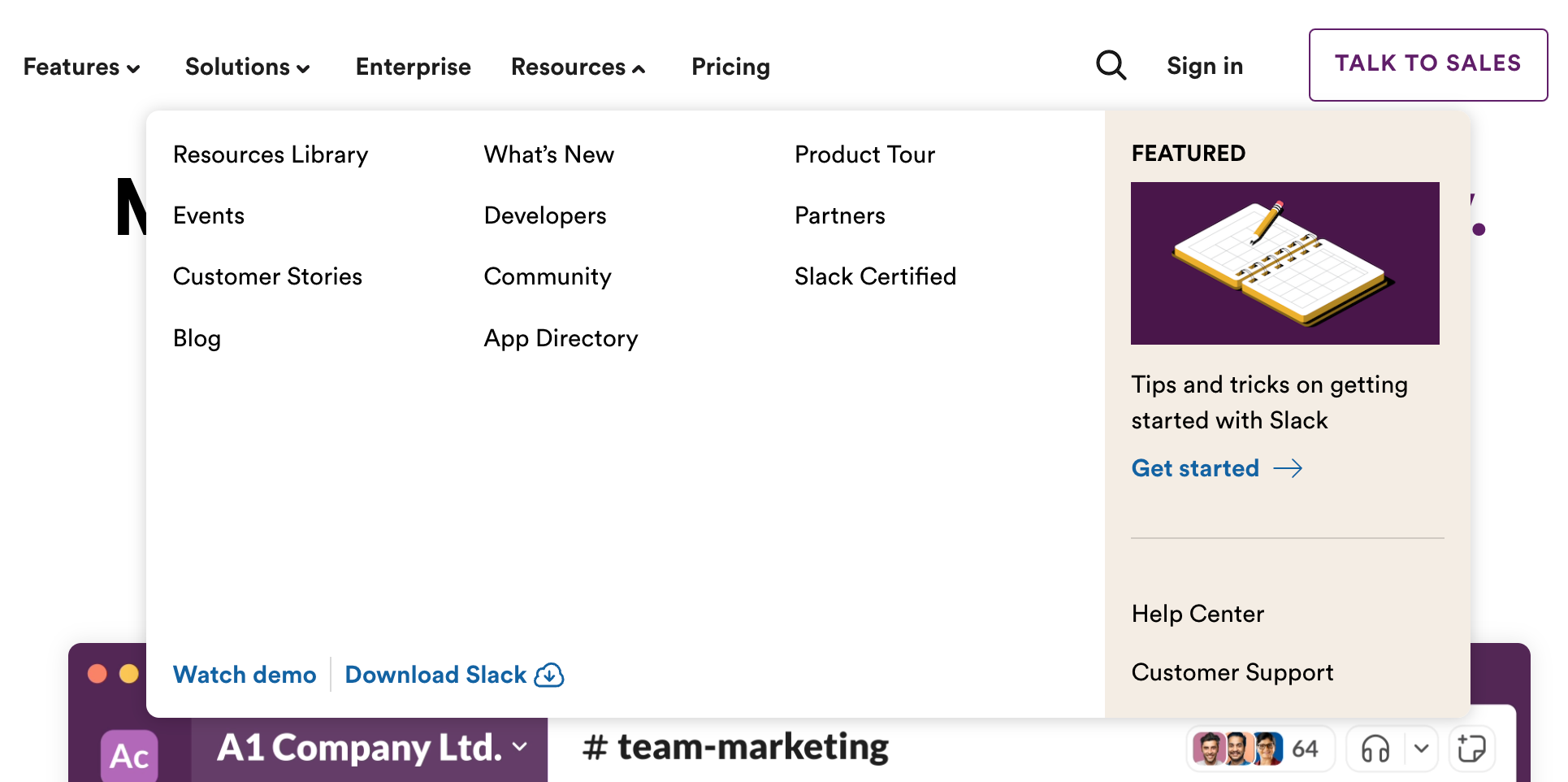 Slack Flyout menuUI component example