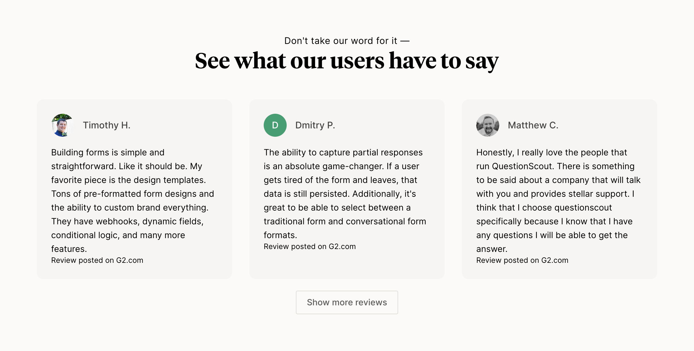 QuestionScout TestimonialUI component example