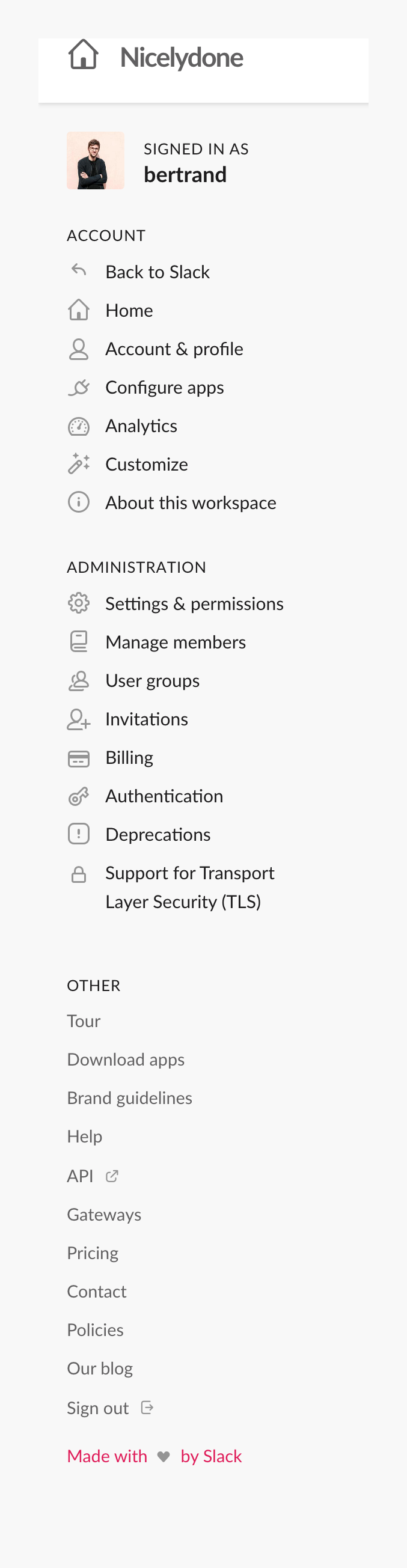 Slack Vertical navigationUI component example