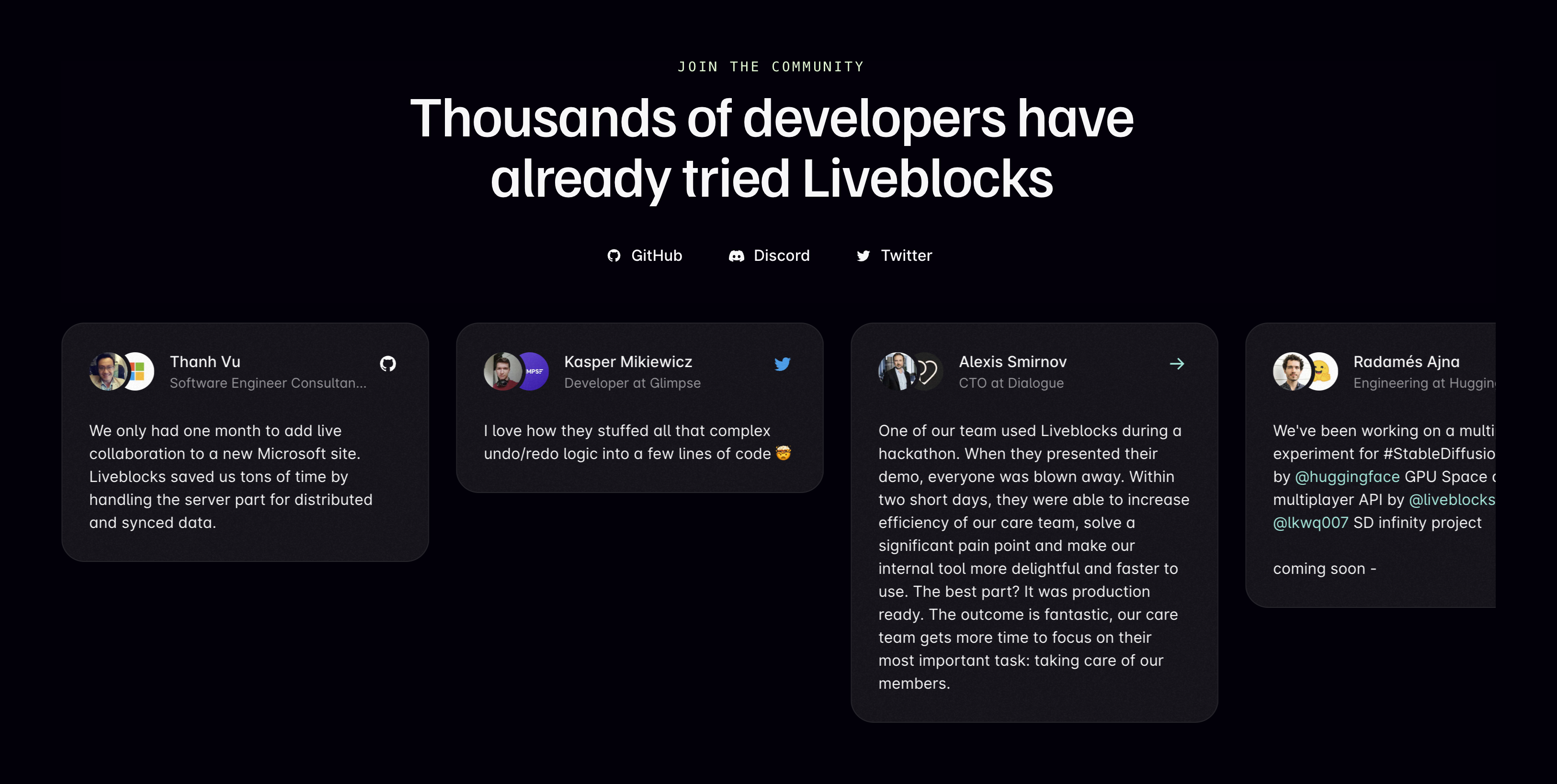 Liveblocks TestimonialUI component example