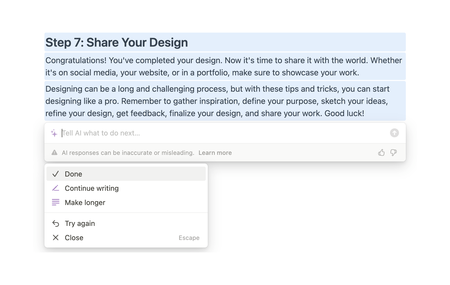 Notion Artificial intelligenceUI component example