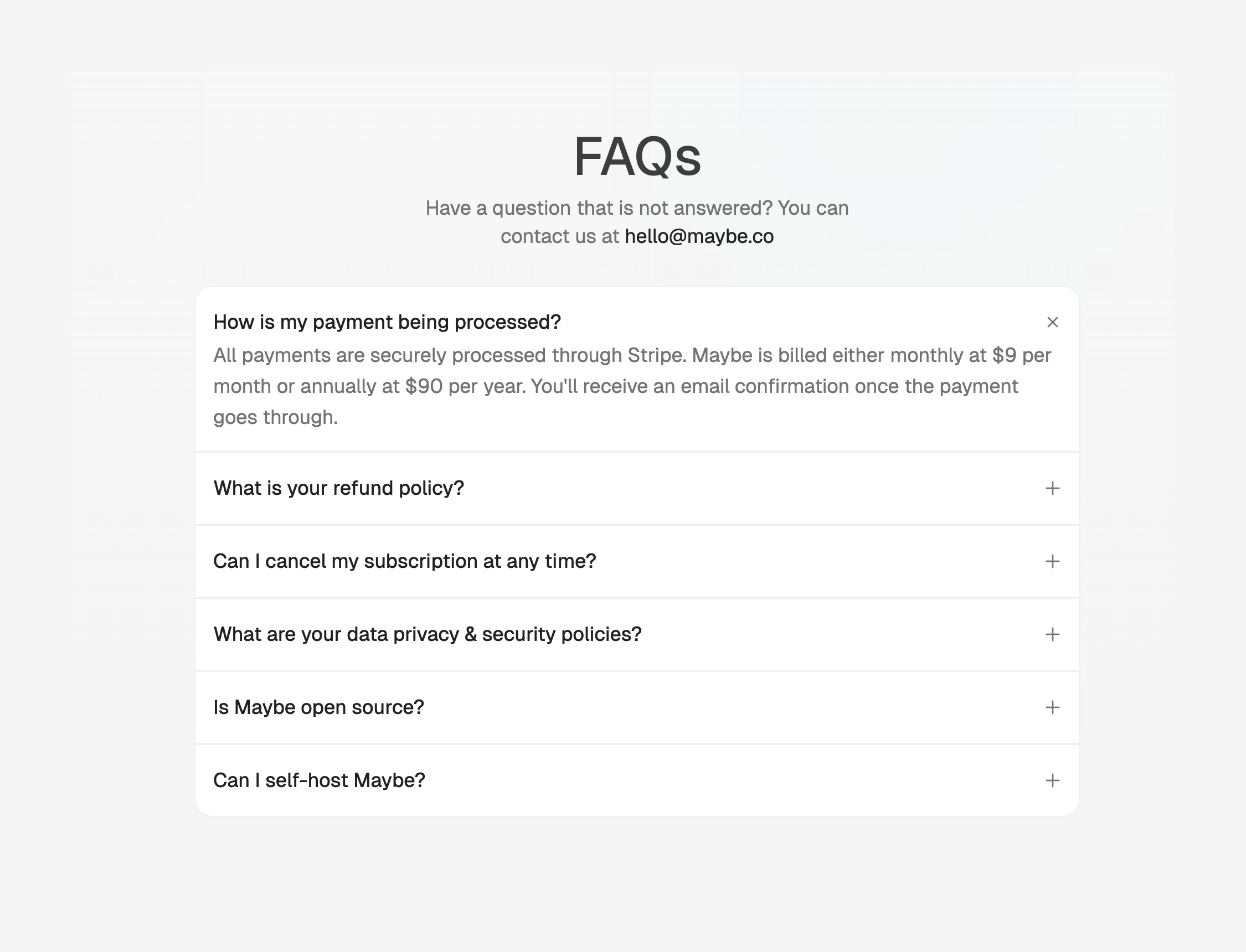 Maybe Finance FAQUI component example