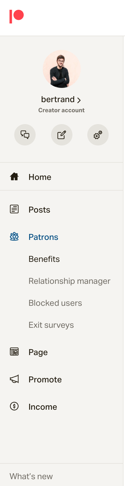 Patreon Vertical navigationUI component example