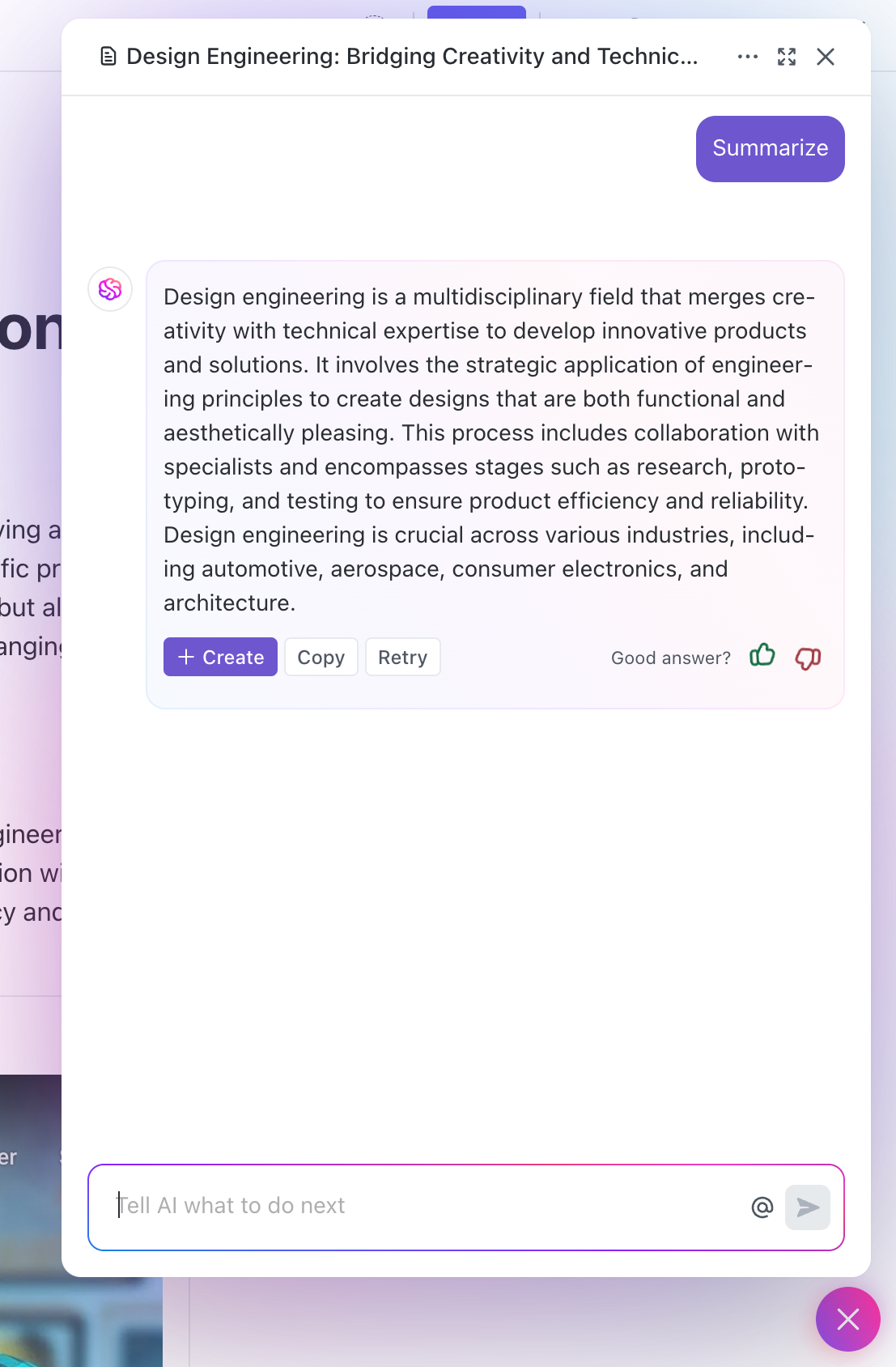 ClickUp Artificial intelligenceUI component example