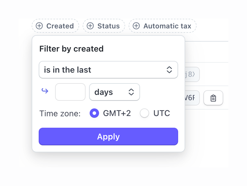 Stripe Sorting & filteringUI component example