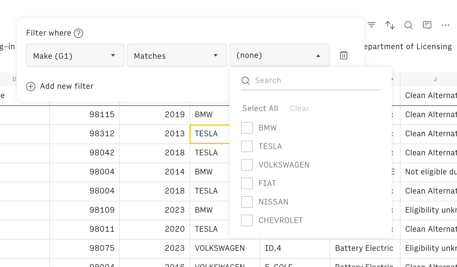 Rows Sorting & filteringUI component example