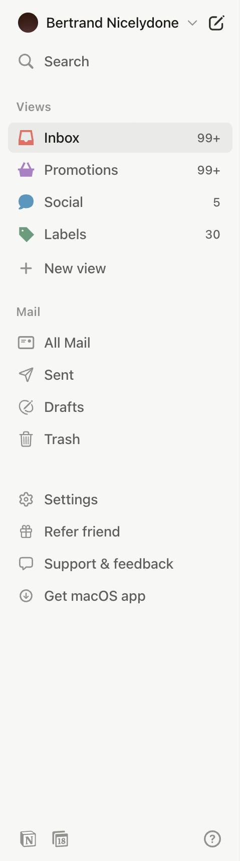 Notion Mail Vertical navigationUI component example