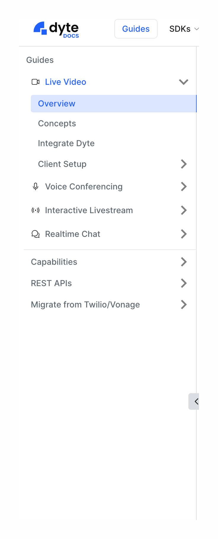 Dyte Vertical navigationUI component example