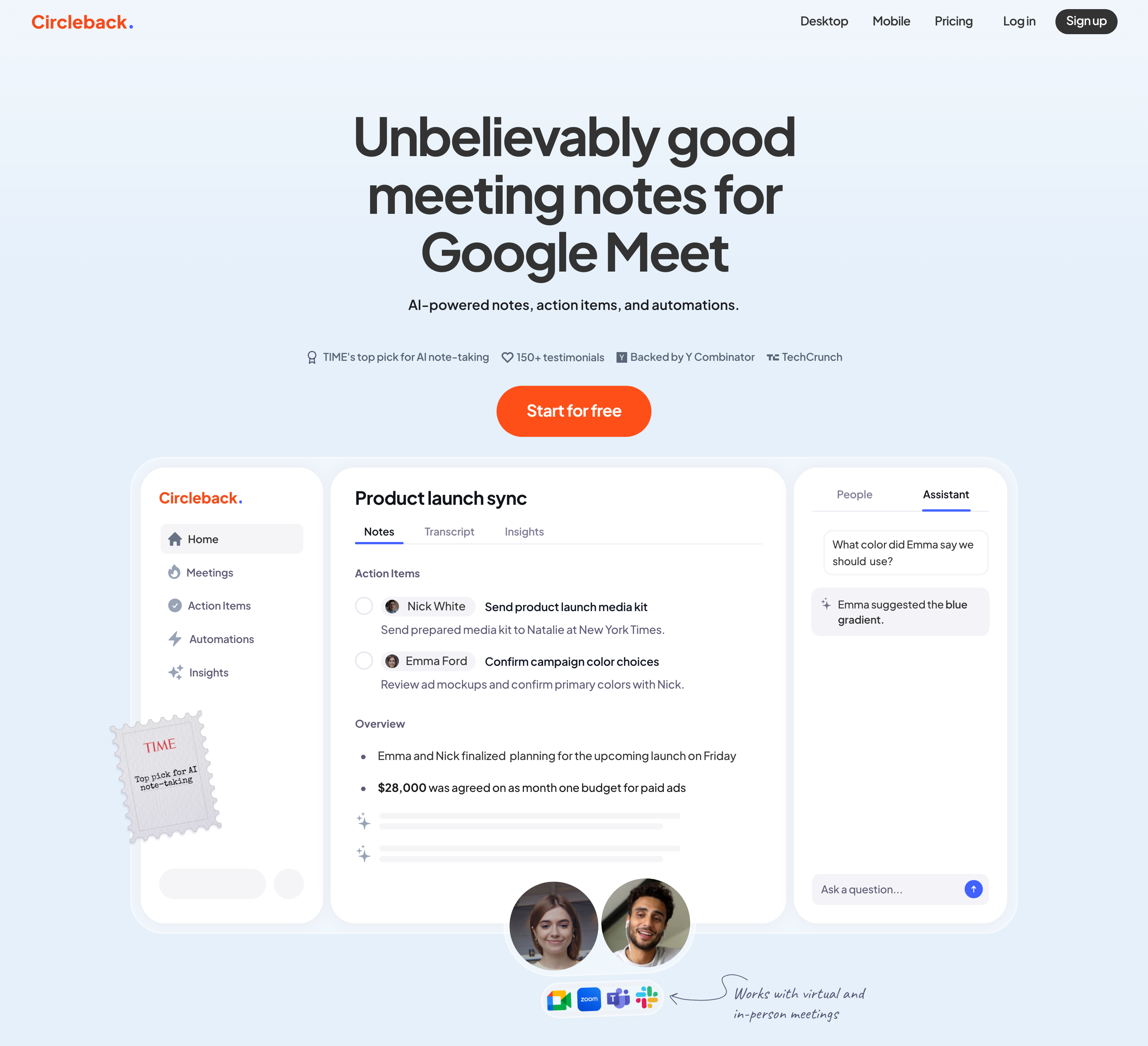Circleback Hero sectionUI component example