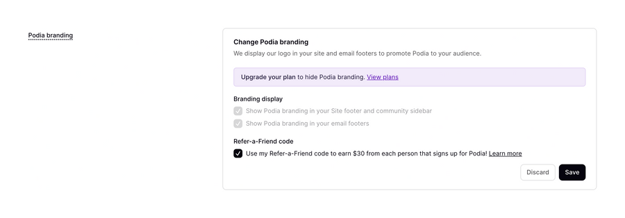 Podia
				upgrade your plan ui component
