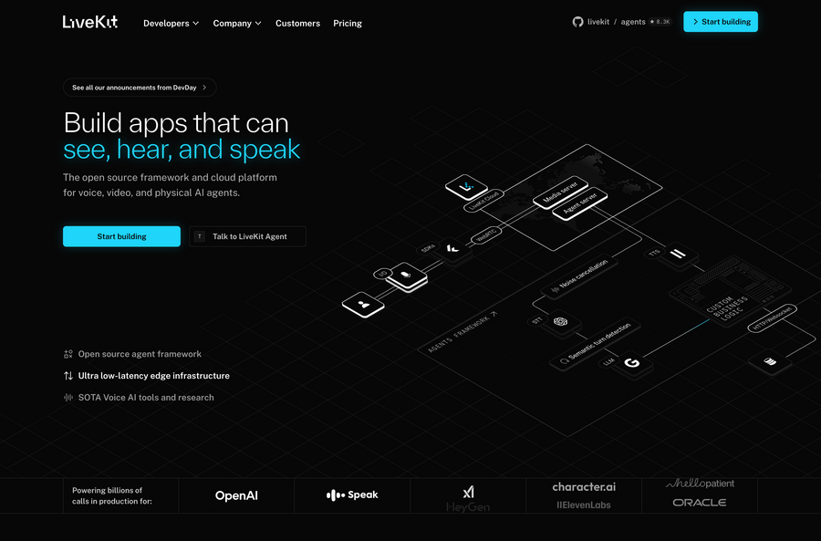 Livekit
			artificial intelligence voice ui component