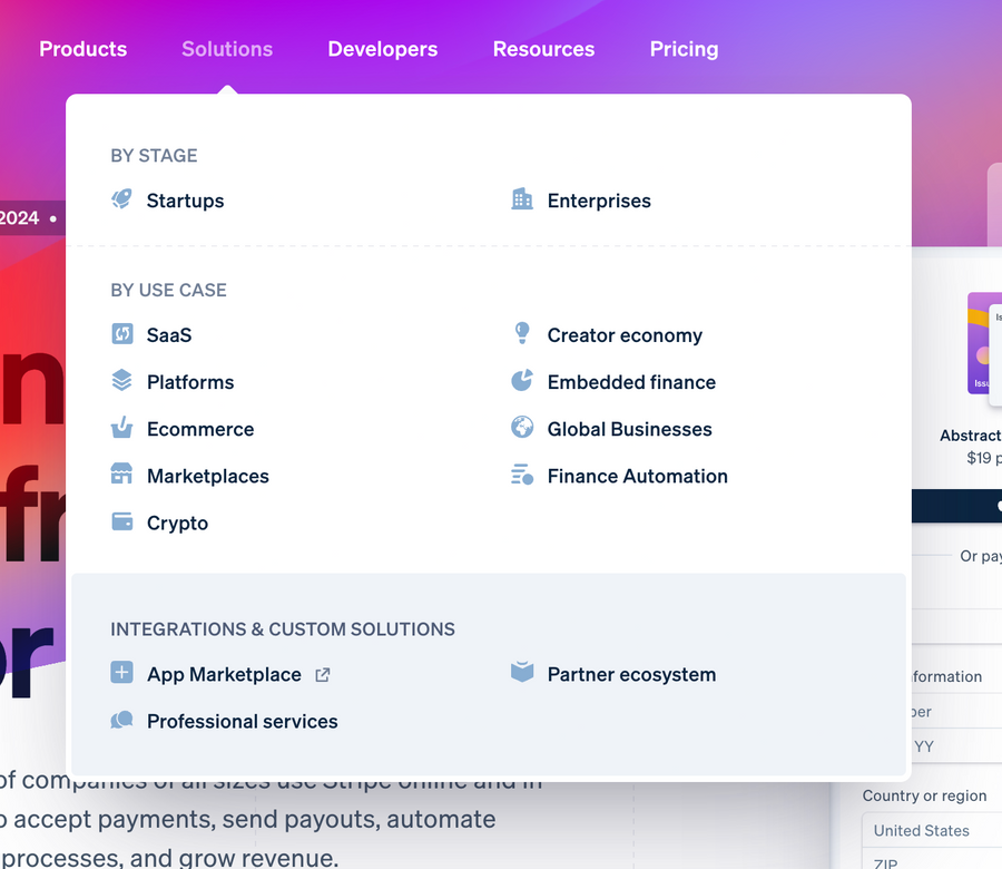 Stripe
				flyout menu ui component