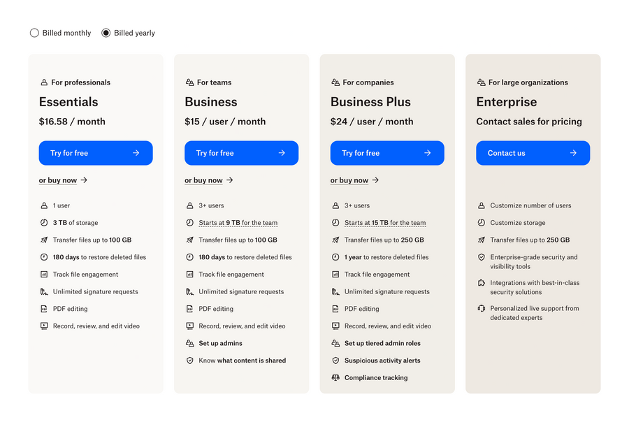 Dropbox
				pricing section ui component