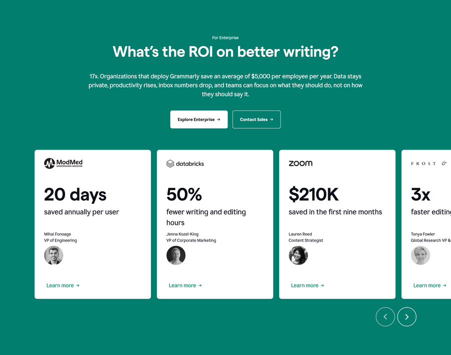 Grammarly
			data visualization enterprise testimonials ui component