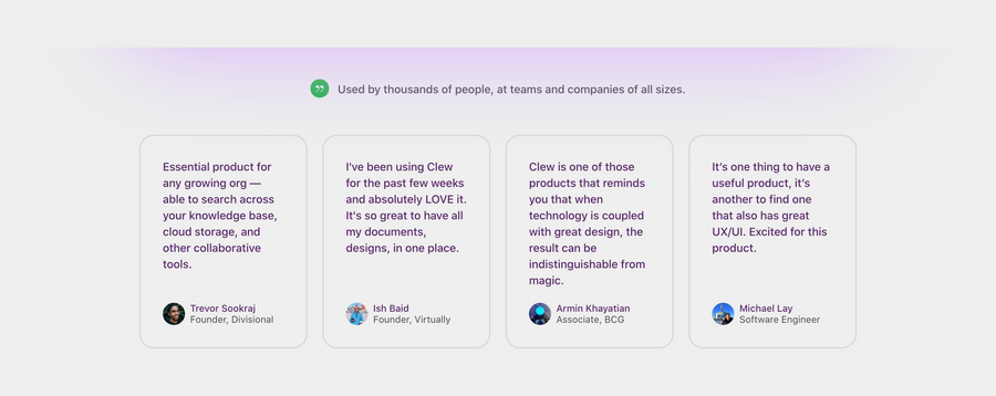 Clew
				testimonial ui component