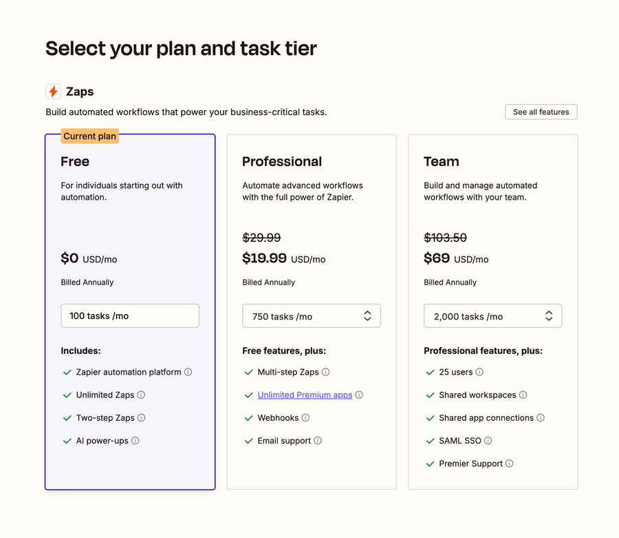 Zapier
				pricing section ui component