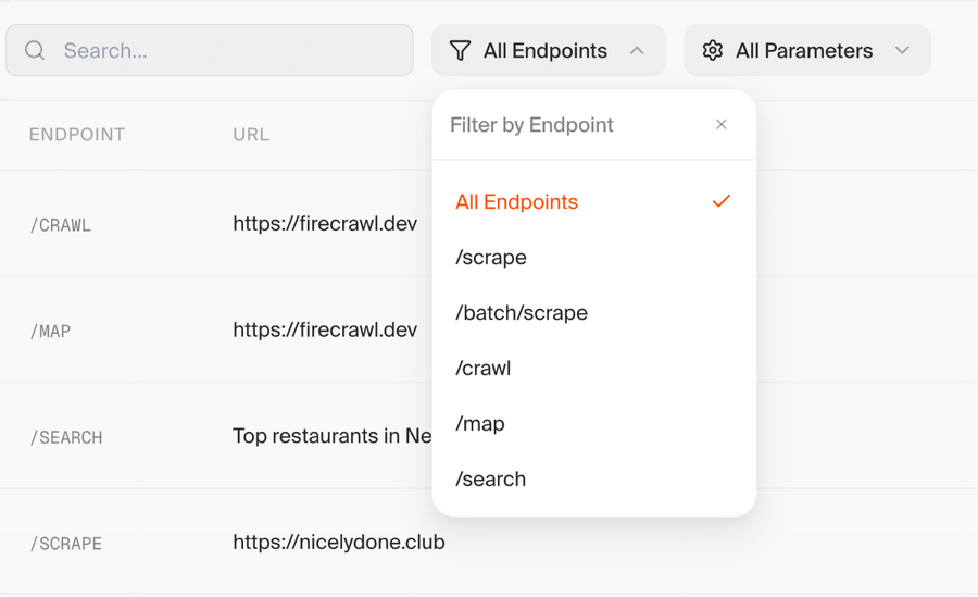 Firecrawl
			search bar desktop table ui component
