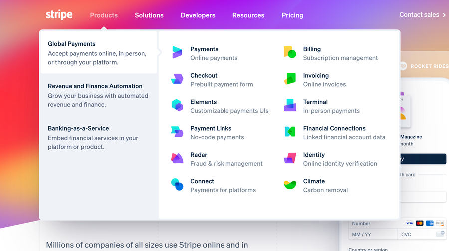 Stripe
				flyout menu ui component