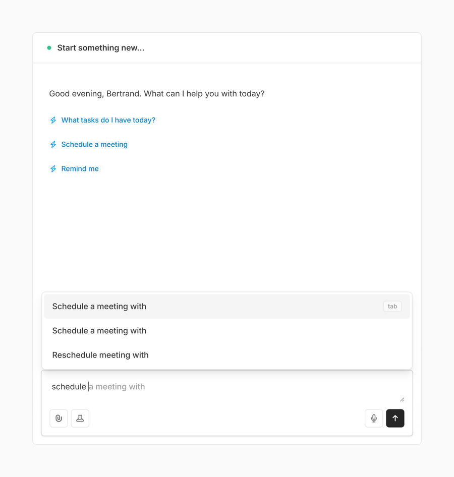 Quin
			desktop autocomplete meeting suggestion conversational ui chatbot ui component