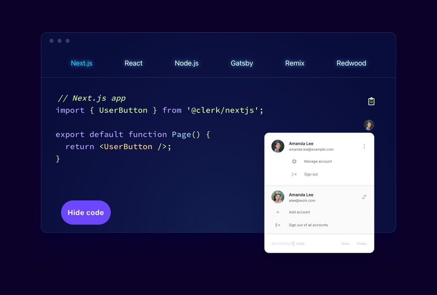 Clerk
				code block ui component