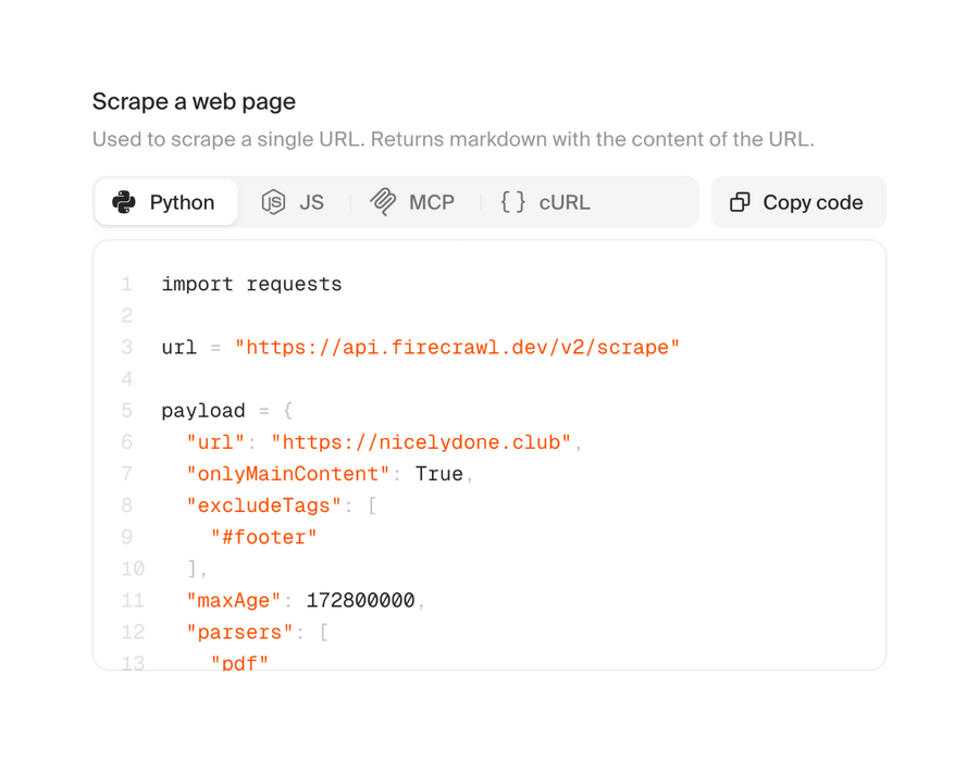 Firecrawl
			code snippet ui component