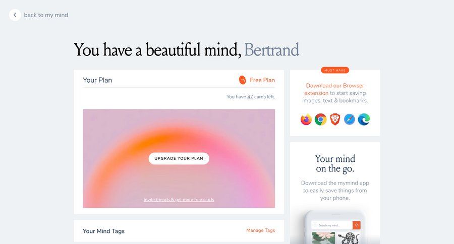 Mymind
			 settings account management data export account settings account deletion user account email management email content blocks free plan free account user profile user product packages mobile product update profile page rule engine ui page example