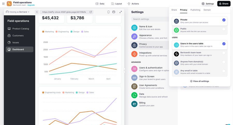 Glide
			dropdown & other states share sharing settings configuration settings dashboard user management user authentication access control user access control privacy settings navigating settings color theme sidebar data visualization modern dashboard layouts settings modal ui page example