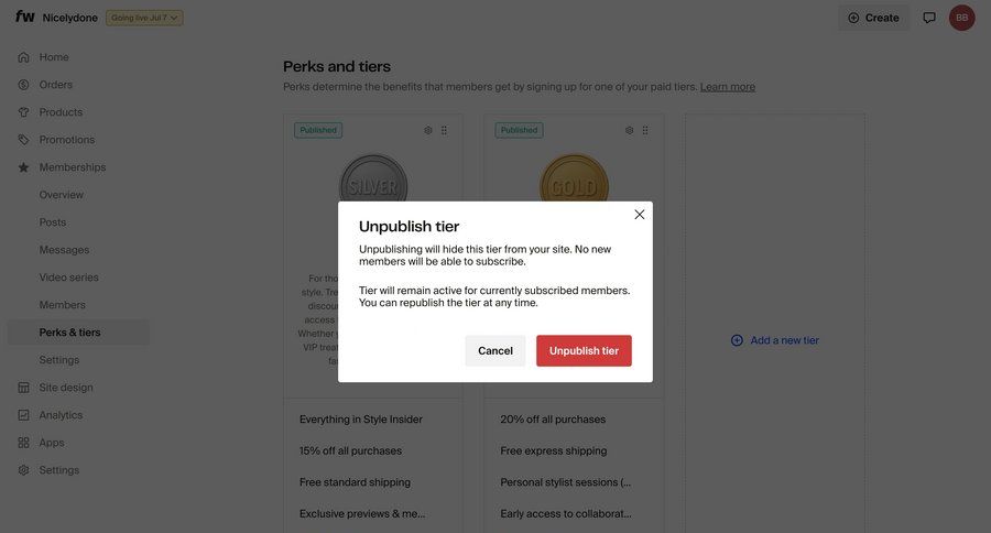 Fourthwall
			 modal screen content management e-commerce sidebar navigation confirmation modal dialog cancel action confirmation message card layout ui page example
