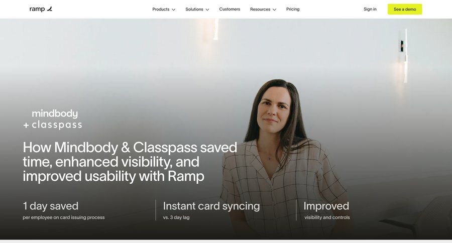 Ramp
			 testimonials case studies customer stories banking app ux download report global search pricing calculator option menu ui page example