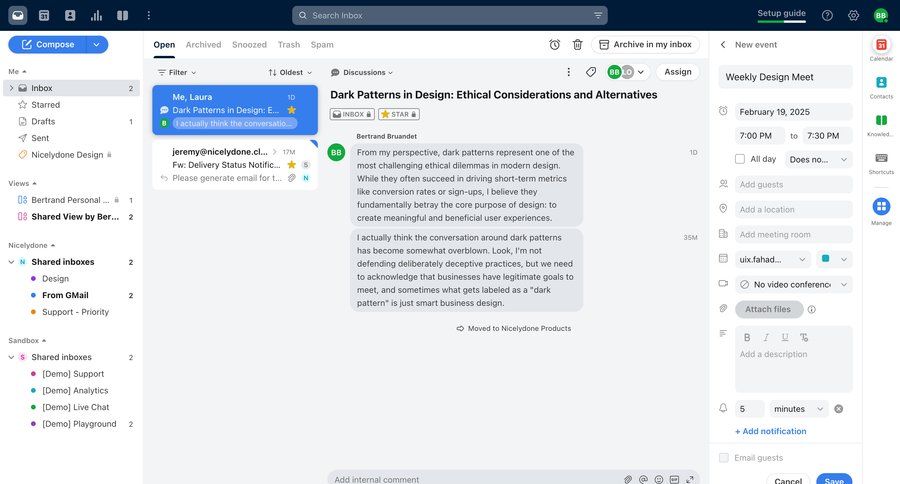 Front
			 full-screen layout email management email calendar screen inbox radio group task communication sidebar product details information page detail view item details info view communication chat messages menu alternatives filter ui dark ui comment mode ui page example