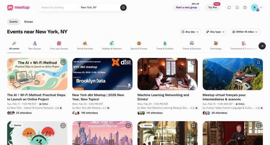 Meetup
			 machine learning navigation bar search bar global search event management ui page example