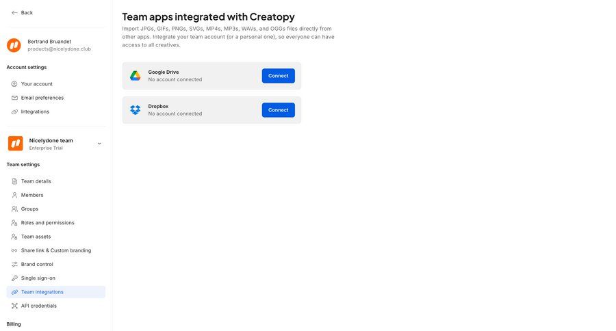 Creatopy
			 configuration settings team collaboration sidebar navigation onboarding account setup account settings integration setup ui page example