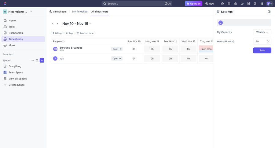ClickUp
			 settings sidebar navigation project management form data display sidebar table time management settings modal ui page example