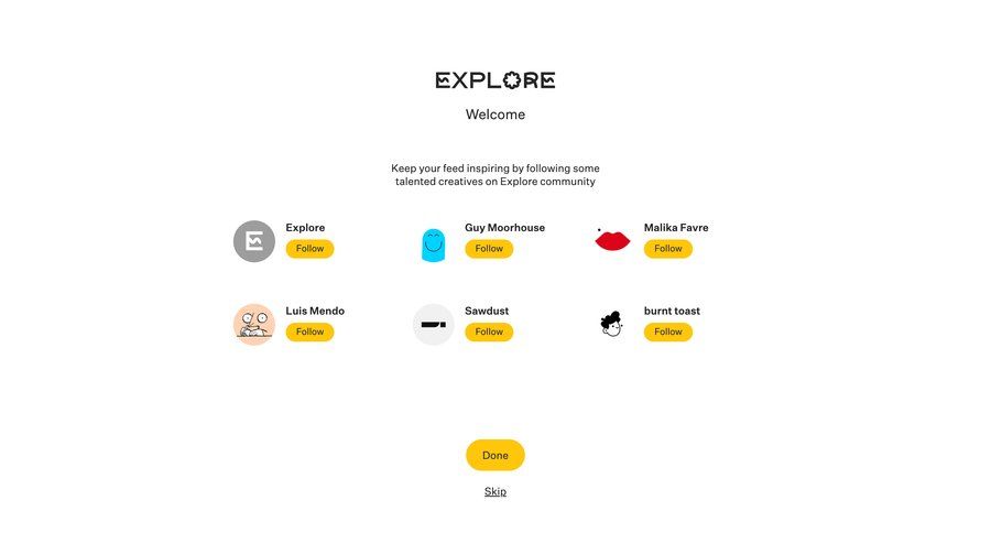 Explore
			onboarding followers & following grid onboarding chat interface ui page example